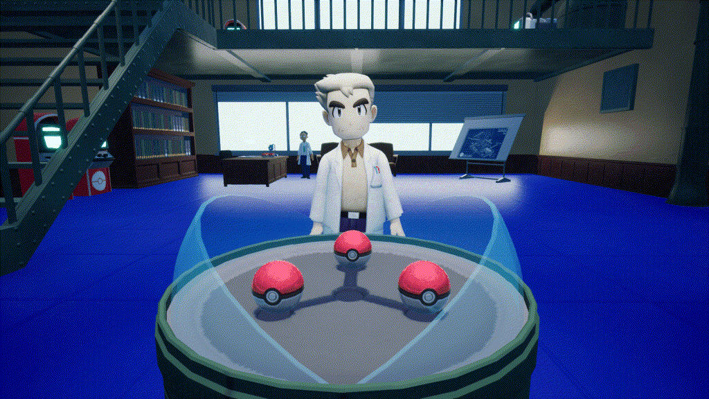 Professor Oak in his lab, behind three Poké Balls, in Pokémon MMO 3D