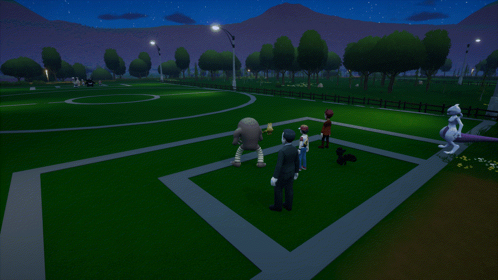 Тренеры и их покемоны на боевом поле ночью, в Pokémon MMO 3D